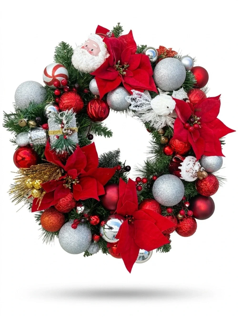 Custom Festive Red & Silver Holiday Wreath with Poinsettias